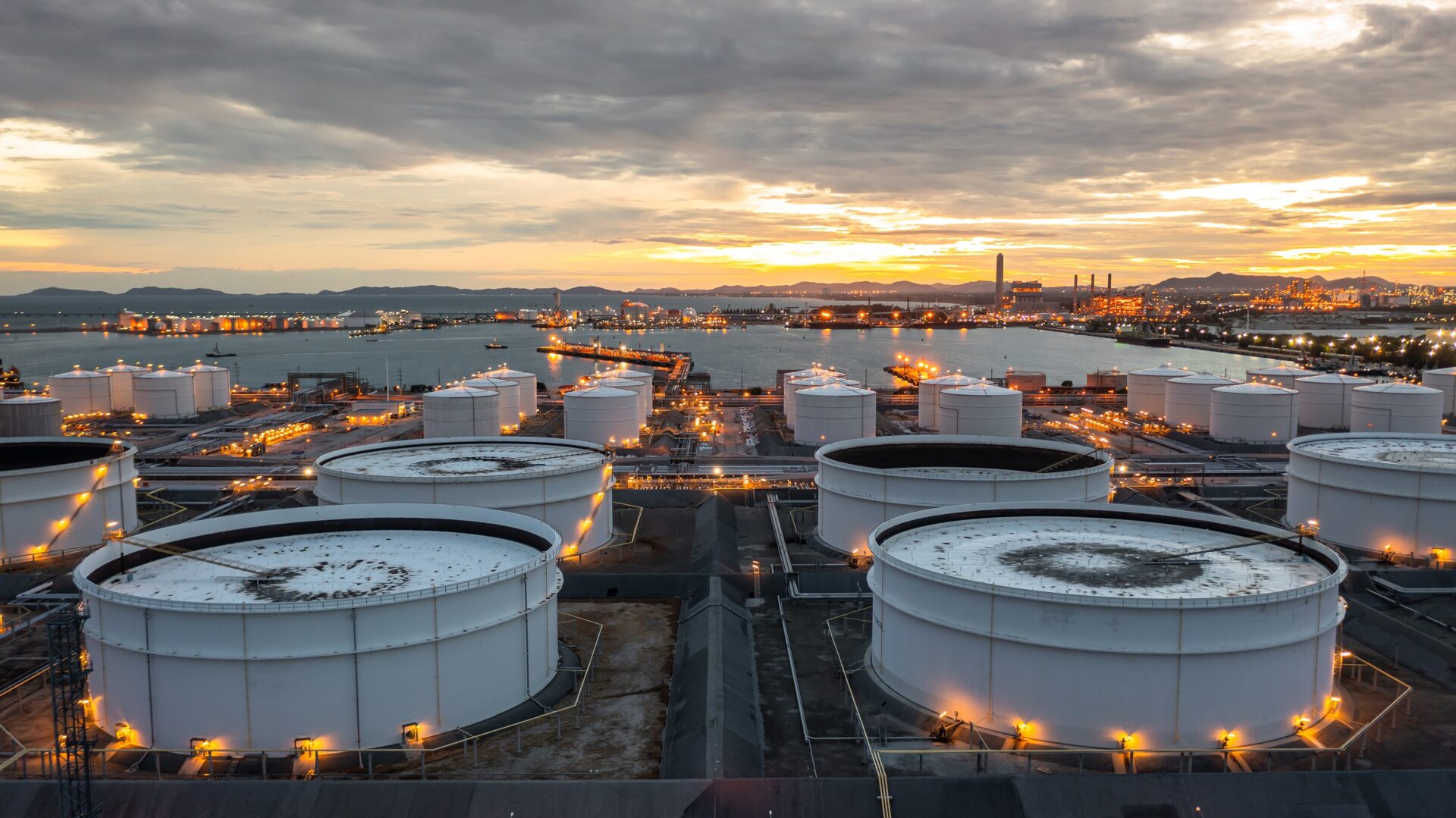 Oil storage terminal at dusk